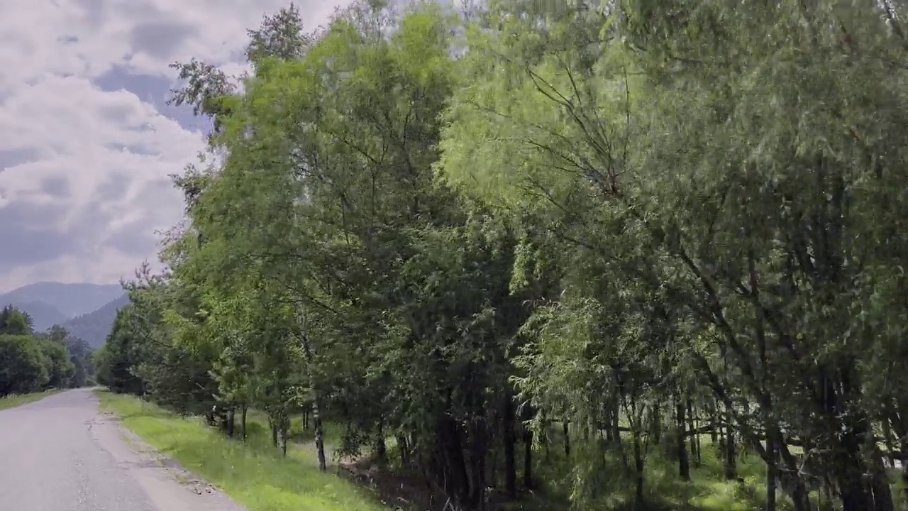 汽车行驶在一条山间公路上，沿途是美丽的乡村风景。视频素材