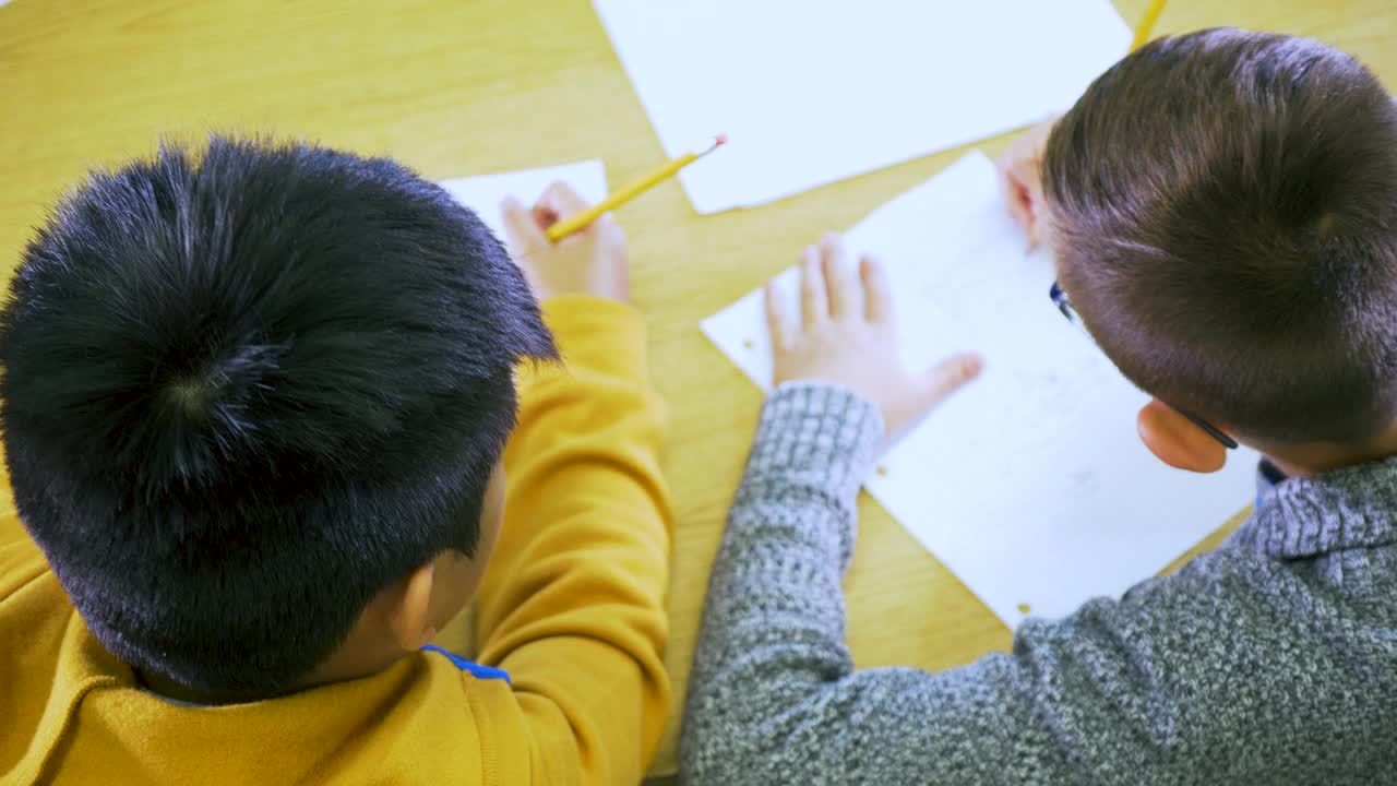 两个不同种族的小学生一起上课视频素材