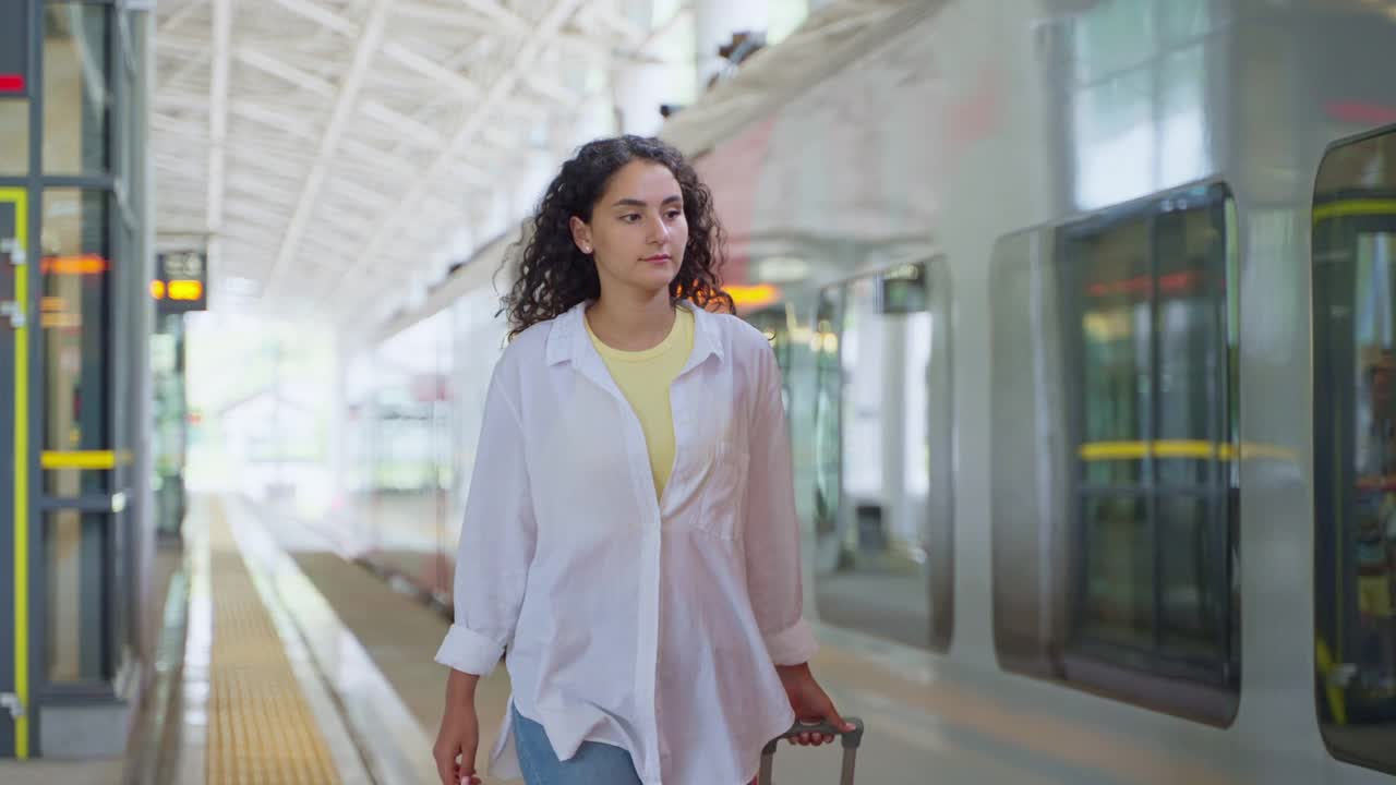 年轻女子乘火车旅行，走在新火车站的空站台上，推着行李箱视频素材