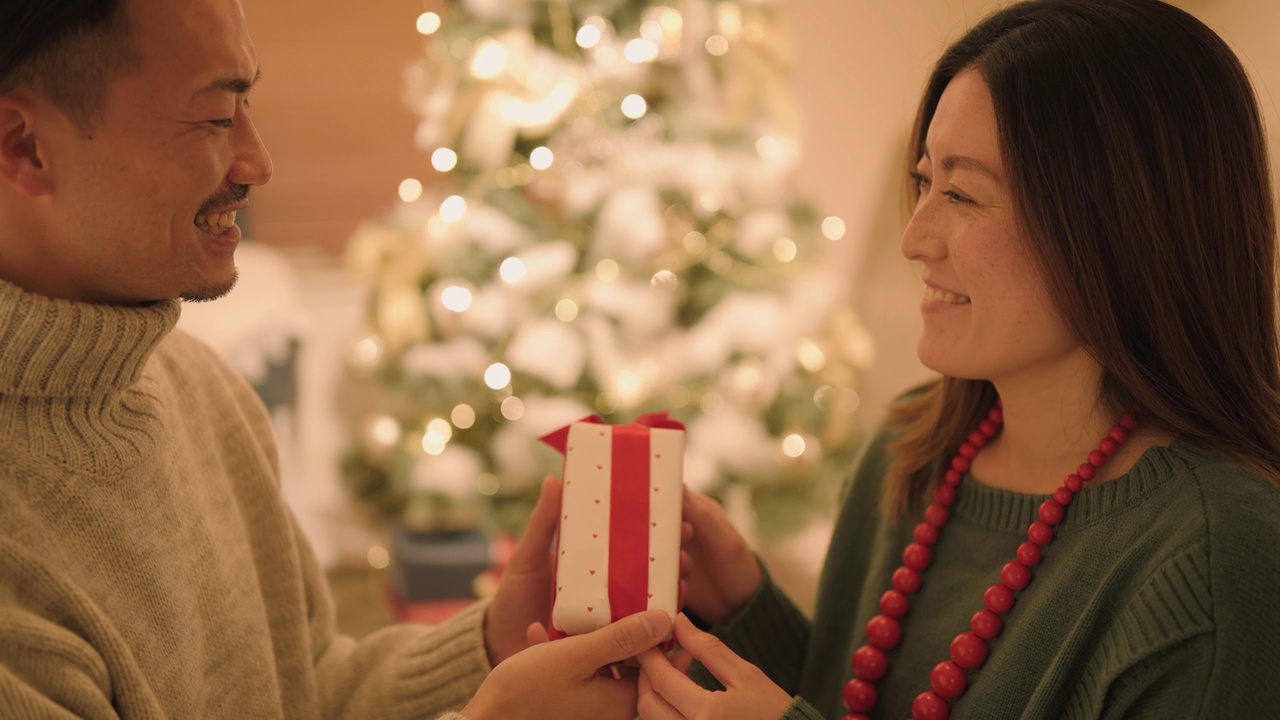 一对夫妇在圣诞树前互赠礼物视频素材