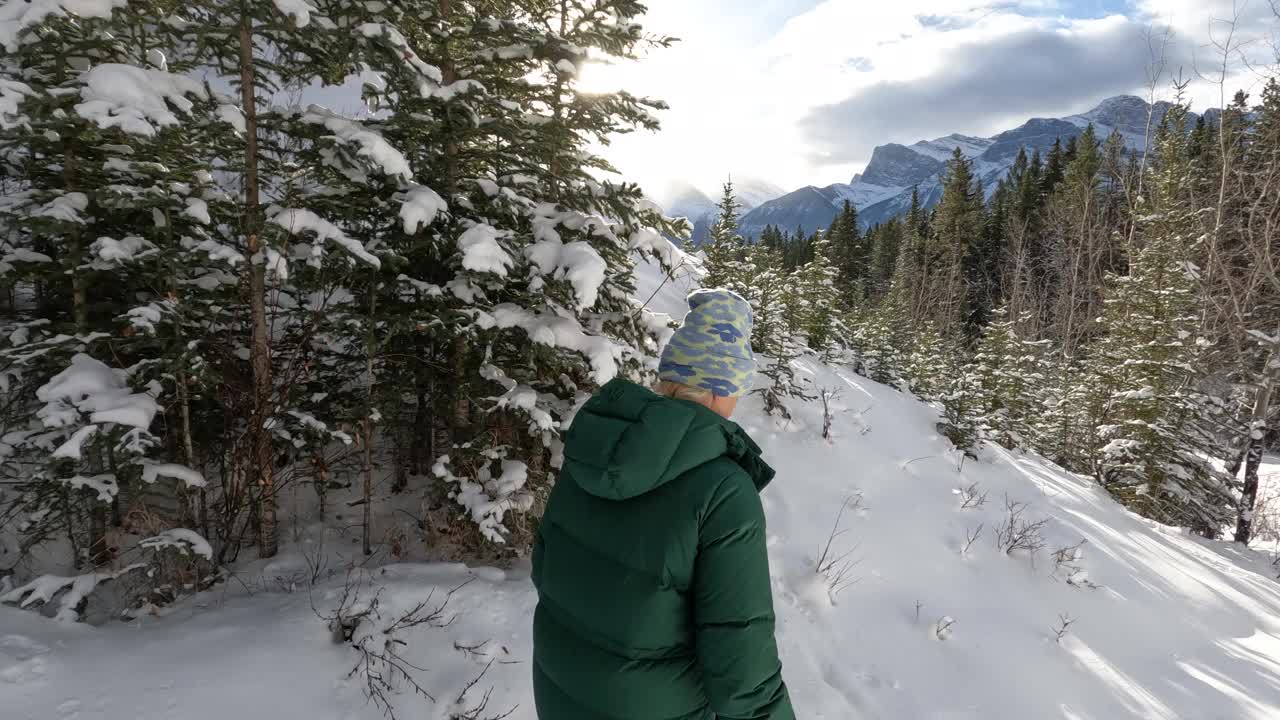 女子在冬季森林景观中走过积雪视频素材