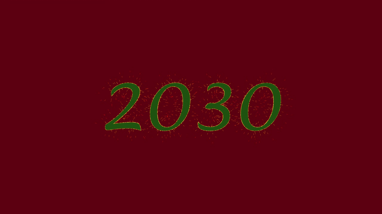 绿色铭文2030与金色火花在红色背景洋红色万岁与阿尔法频道。年度流行色。圣诞节和新年的概念。节日的背景。4 k。三维动画视频素材