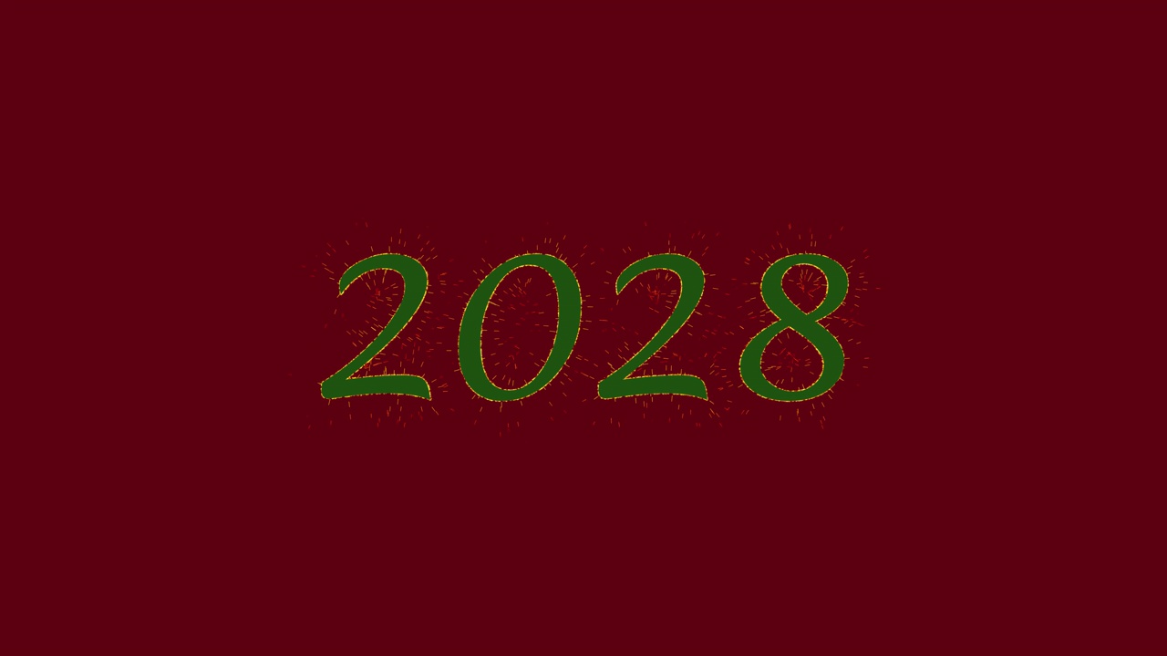 绿色铭文2028与金色火花在红色背景洋红色万岁与阿尔法频道。年度流行色。圣诞节和新年的概念。节日的背景。4 k。三维动画视频素材