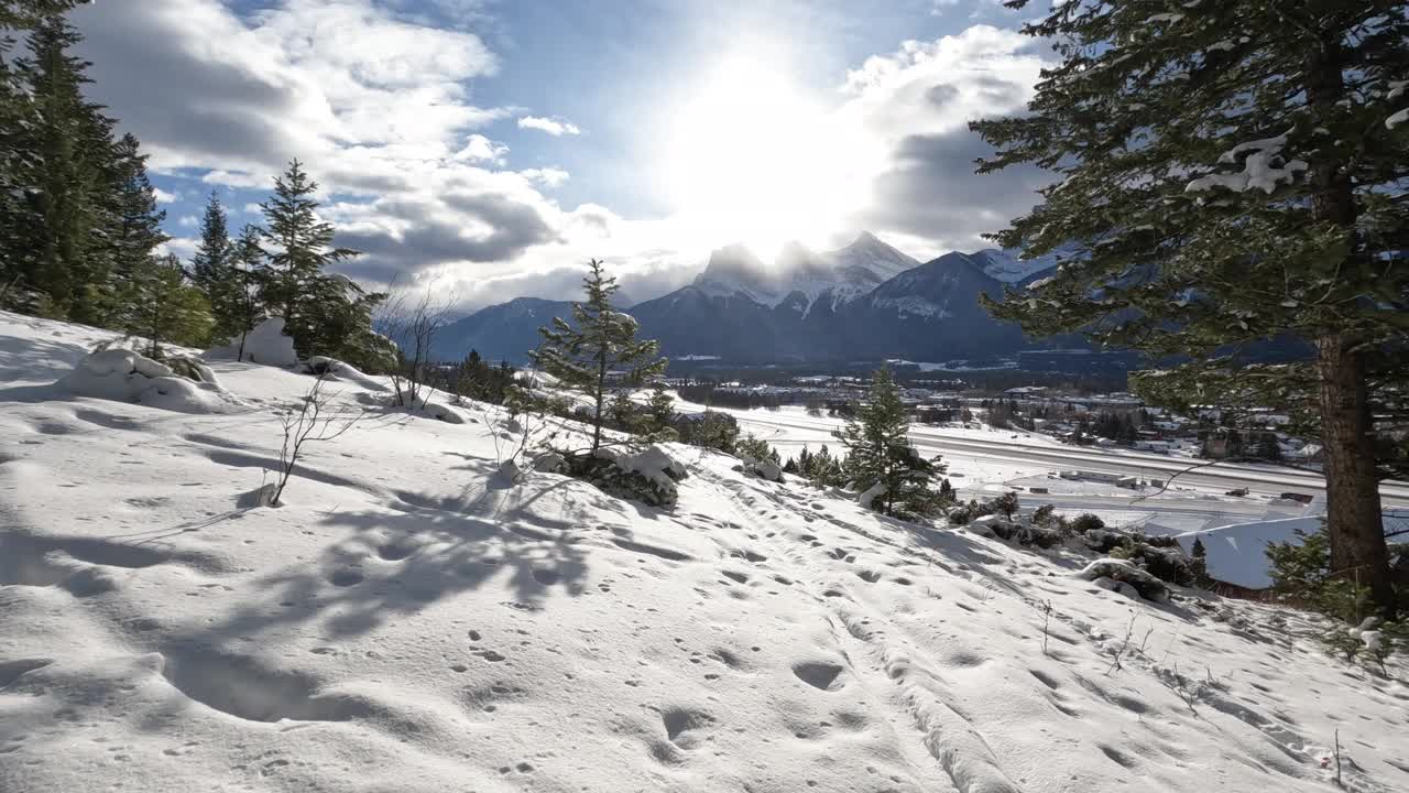 第一个透视视图行走在冬季景观的雪视频素材