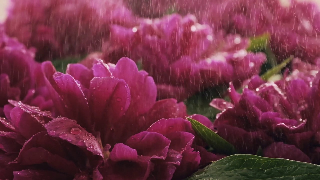 牡丹。在雨下盛开的粉红色牡丹花特写。生日春天一束。美丽的牡丹花背景。自然背景，情人节概念。下雨慢动作视频素材