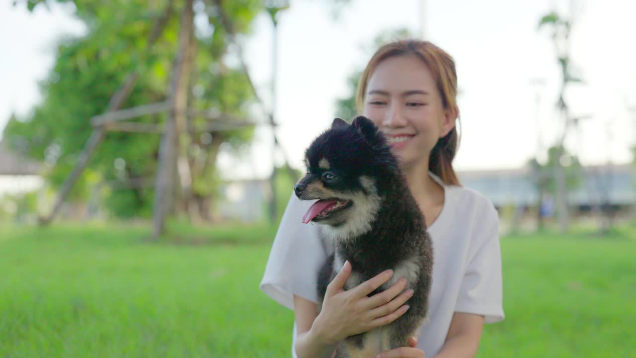 快乐的年轻亚洲女子玩和坐在草地上在公园与她的狗。宠物爱好者概念视频素材