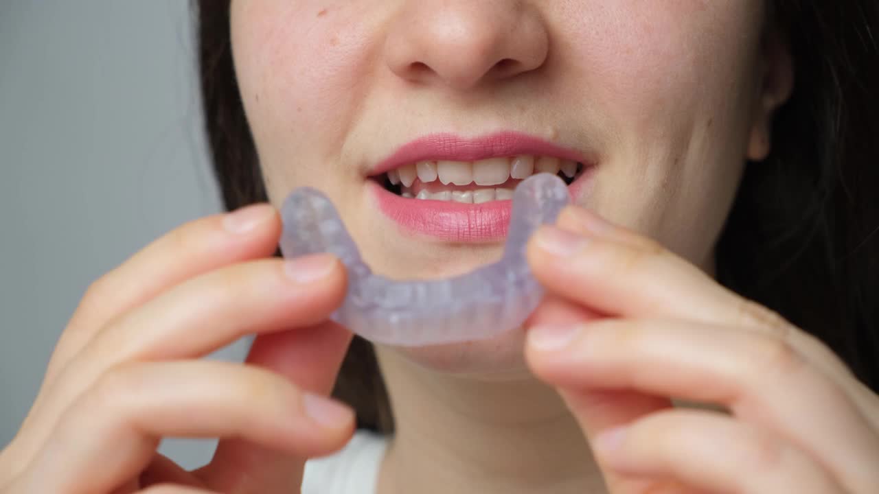 女性在口腔内放入牙套、夹板，用于治疗颞下颌关节功能障碍、磨牙症、错颌，以放松下颌肌肉。视频素材