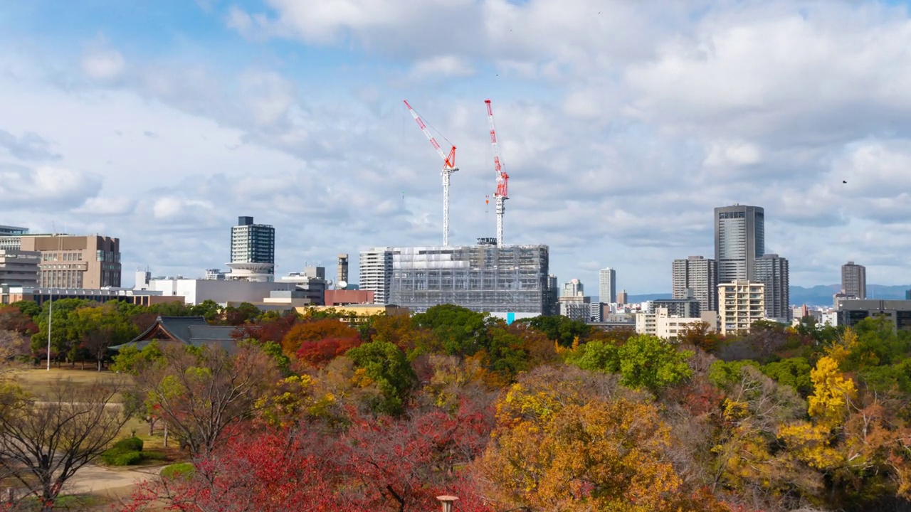 时光流逝大阪现代建筑日本大阪市的秋叶季节视频素材