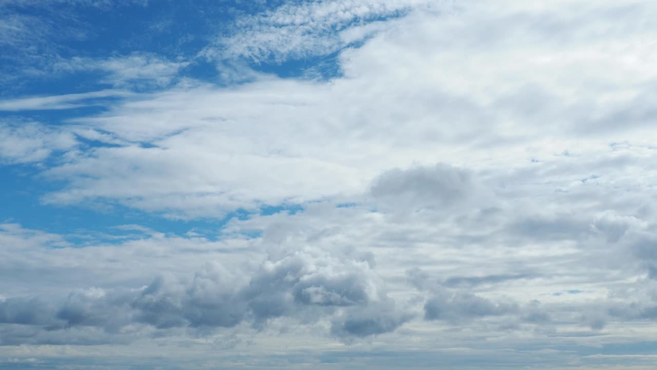 层云和积云以不同的速度在两层中飞行。快速移动的云层映衬着蓝天。空气在风中移动。气象学和天气预报。大气和气候。时间流逝视频素材