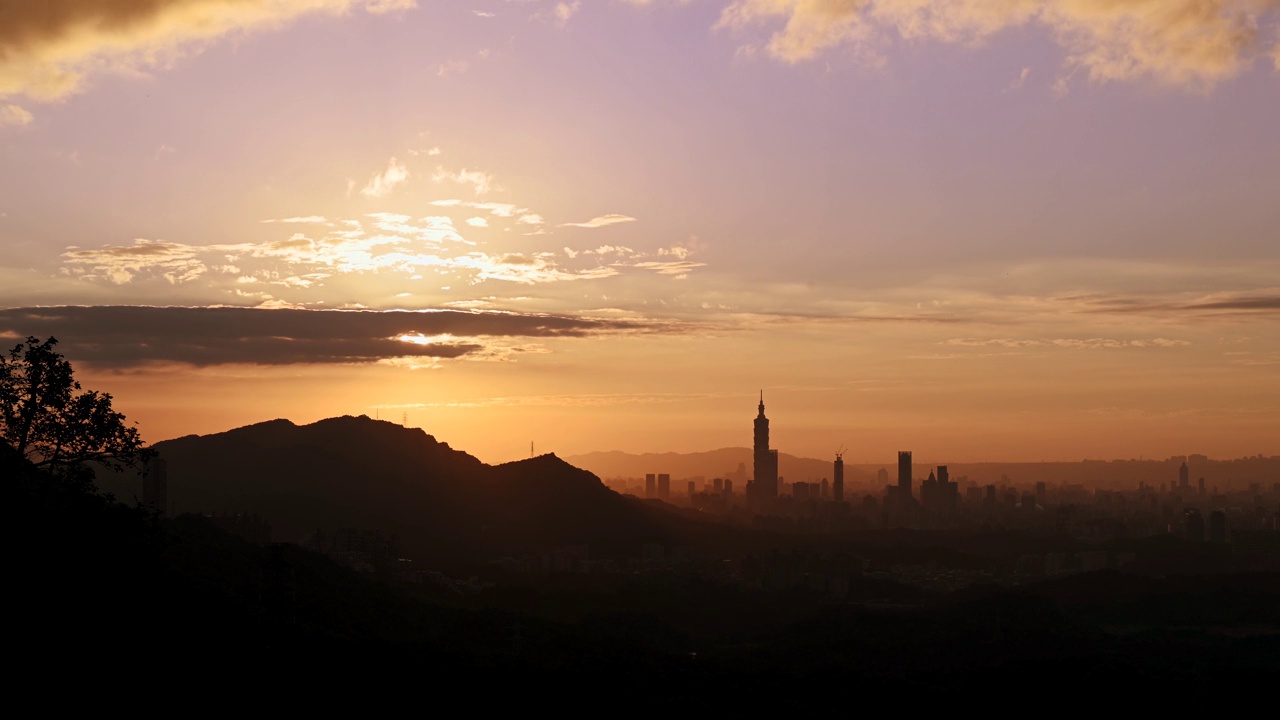 夕阳西下，夜幕降临。点亮了城市的夜景。视频素材