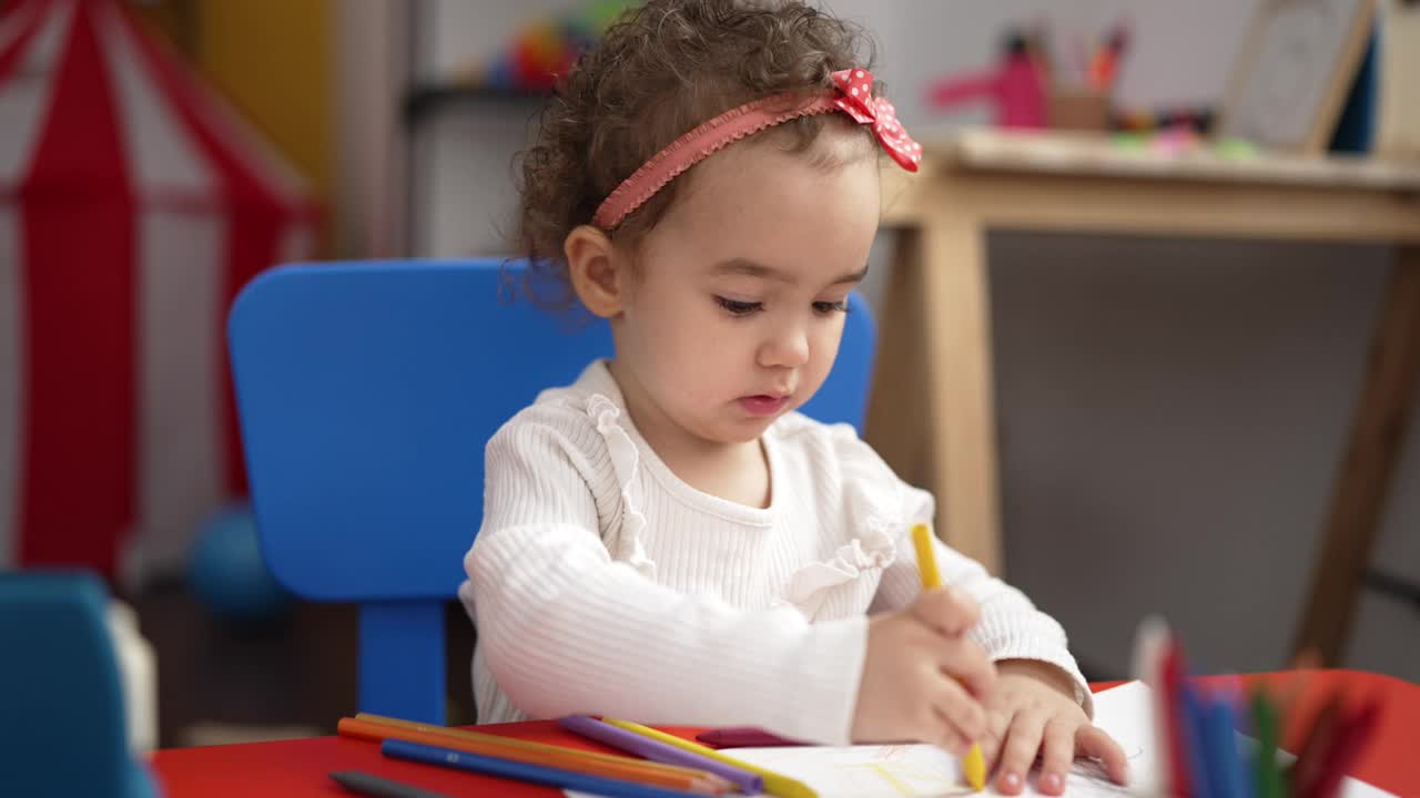 可爱的白人女孩学前班学生坐在桌子上画画在幼儿园视频素材