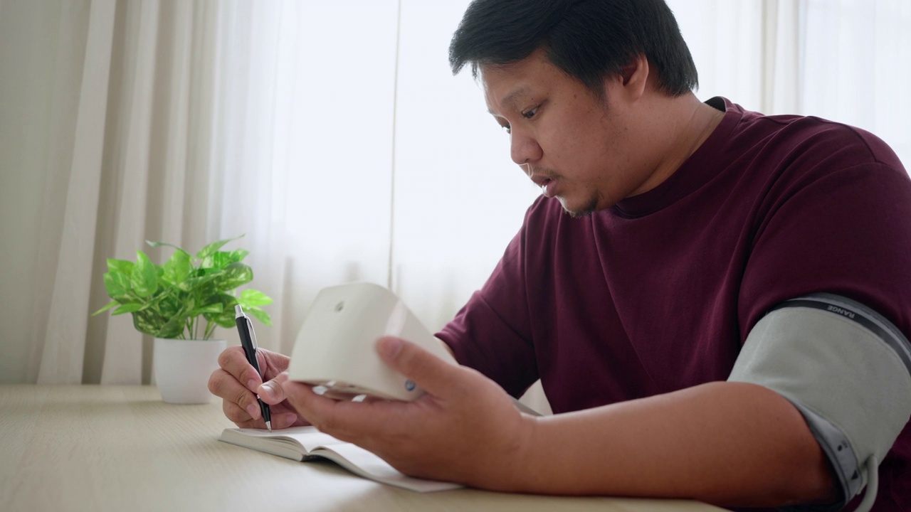 亚洲男人监测和检查她的血压，并在家里的客厅记录。常规自我医学检测视频素材