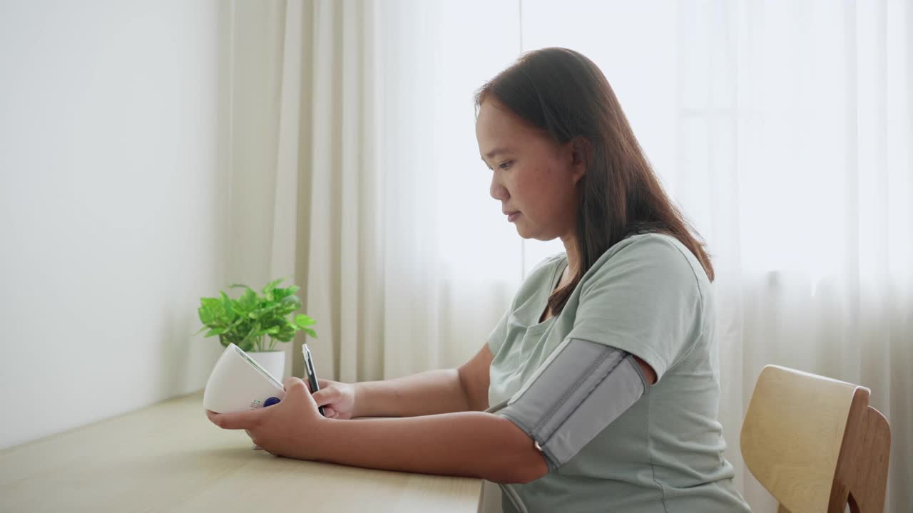 亚洲女性在家里的客厅里监测和检查血压并记录。常规自我医学检测视频素材