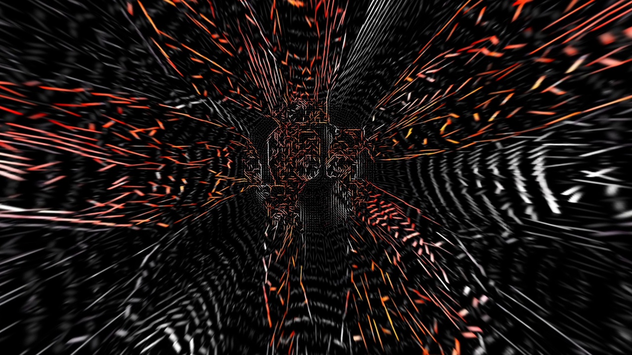 飞越抽象线隧道。红色，黑色背景上的白色笔画视频素材