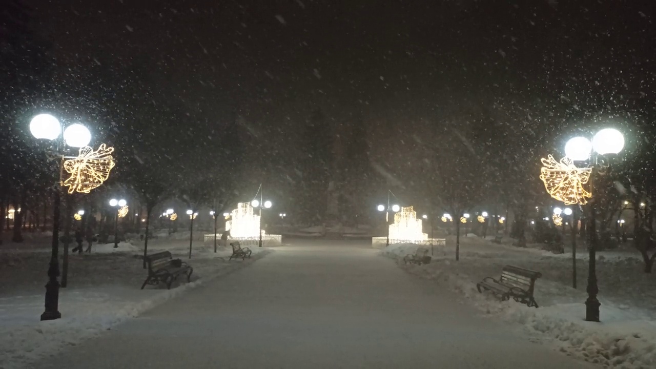 冬天公园里的灯笼闪闪发光。降雪期间的空旷公园。空城公园的降雪视频下载