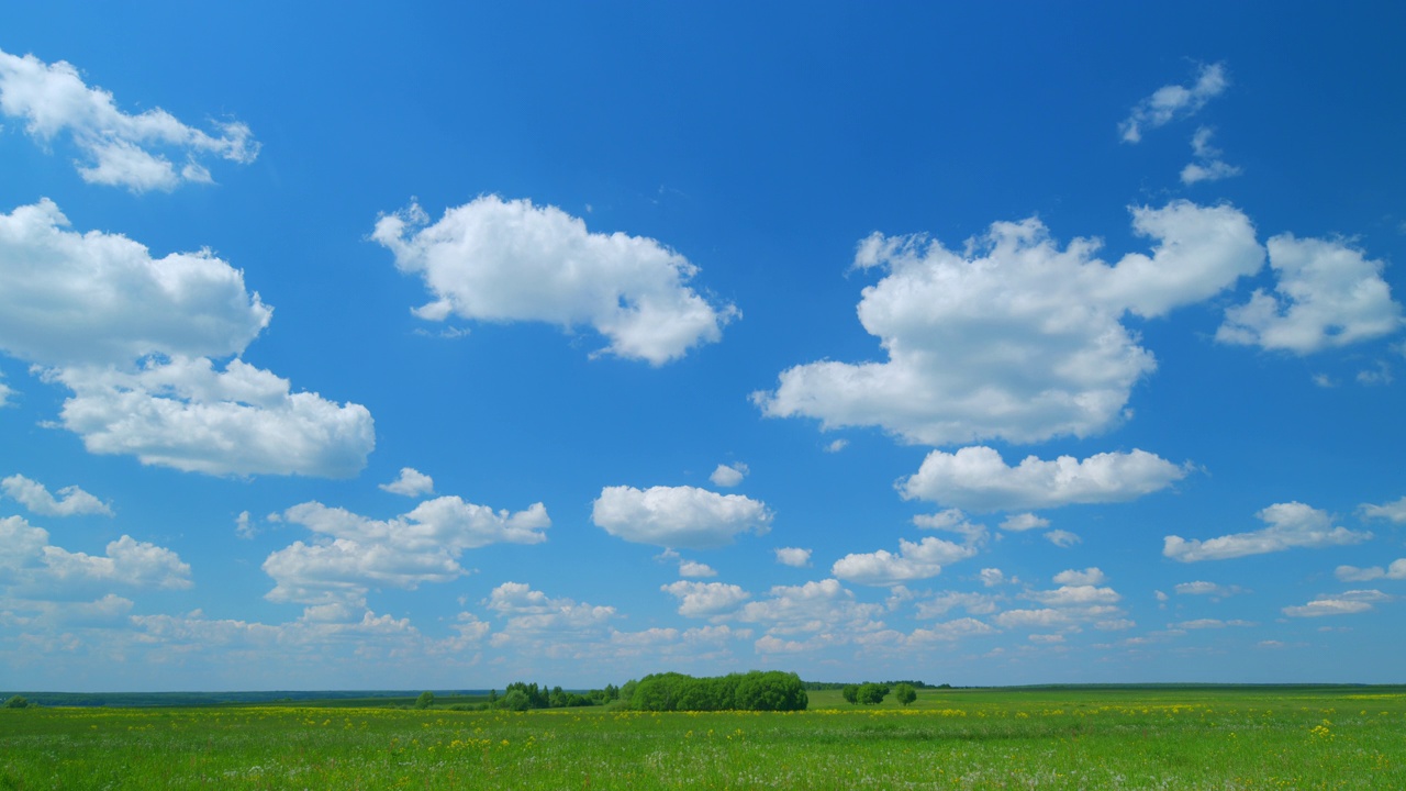 春天的风景。Clouds moving in clear blue sky over the green field and trees. 在地平线上看到远处的绿色森林。广角镜头。间隔拍摄。视频素材