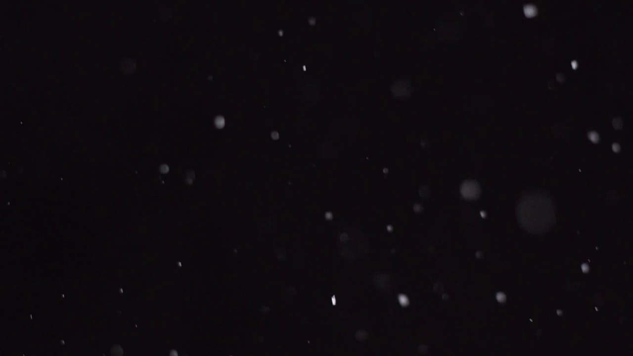 冬天下雪了，黑底上孤立地落下雪花，大大小小的雪花一片一片视频素材