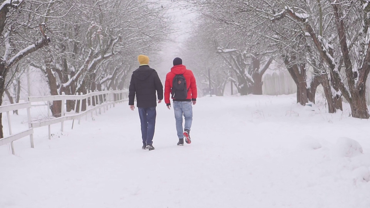 两个男人一起走在冬天的路上。在雪地里嬉笑嬉戏视频下载