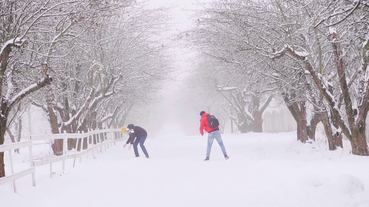 两个男人一起打雪球，享受冬天的生活视频下载