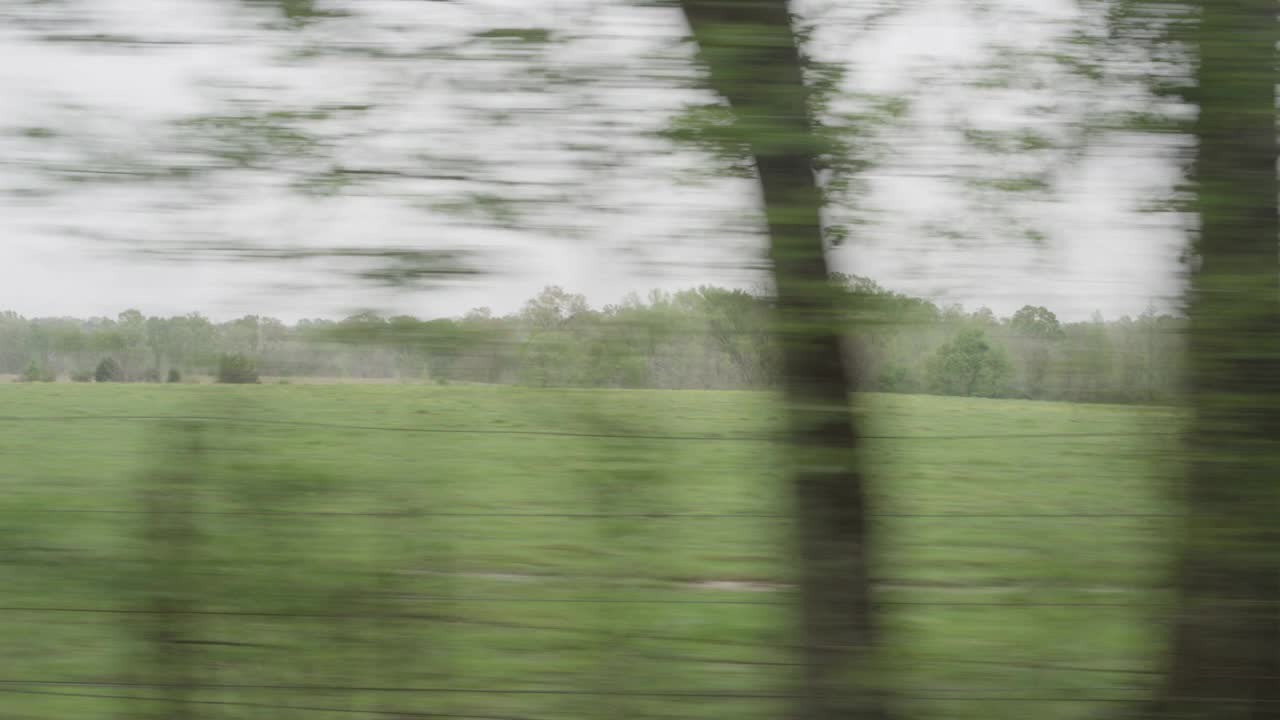 在被树木和灌木丛包围的农村地区，在双车道道路上行驶的右侧。在铁丝网后面的农田视频下载