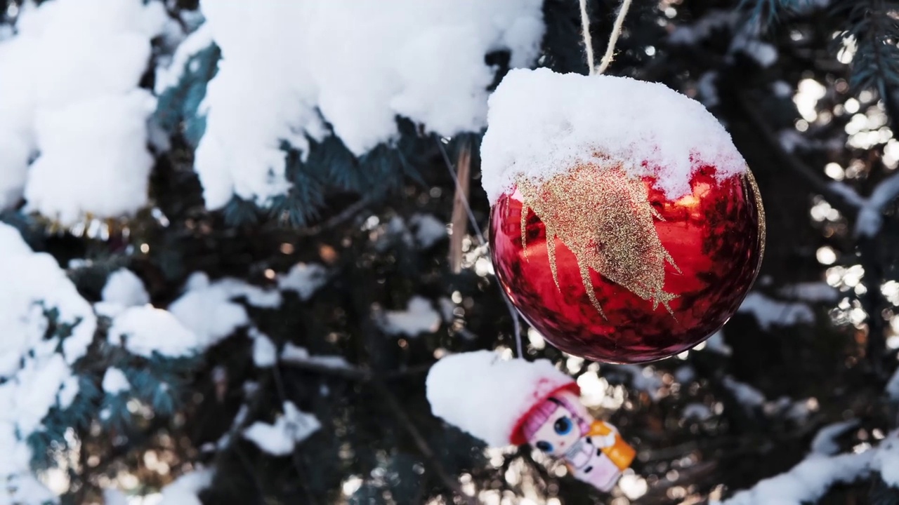 一个红色的球在圣诞树上覆盖着雪。视频素材