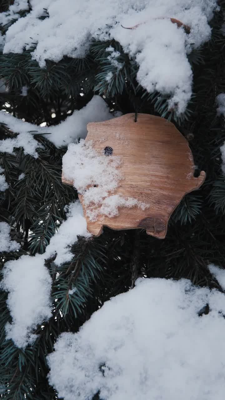 自制的木制玩具放在白雪覆盖的圣诞树上。视频素材