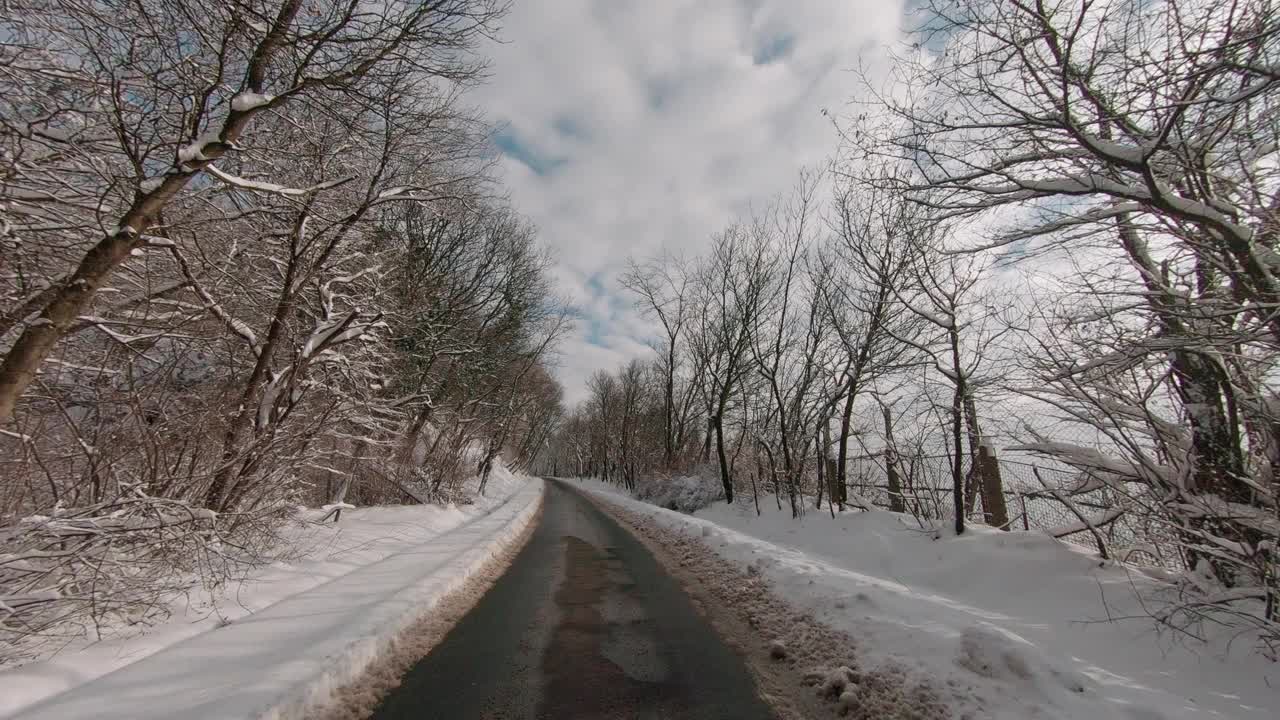 汽车沿着雪山穿过森林视频素材