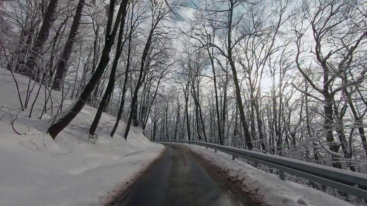 汽车沿着雪山穿过森林视频素材