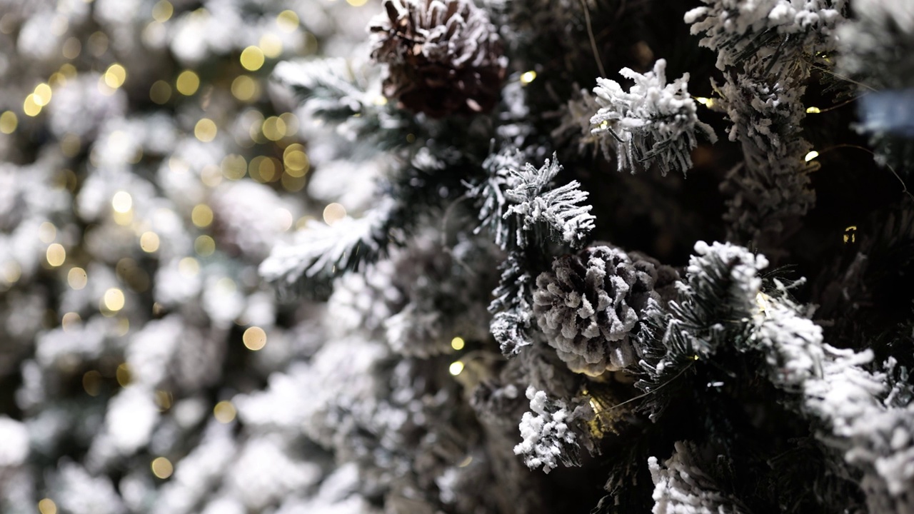 特写的圣诞树与灯和雪花视频素材