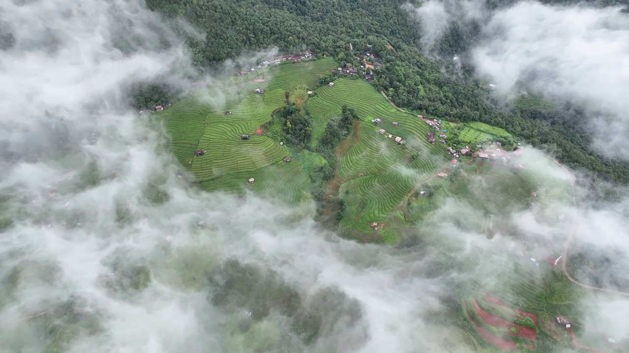 在清迈班帕邦比昂的水稻梯田鸟瞰图。泰国美丽的风景。视频素材