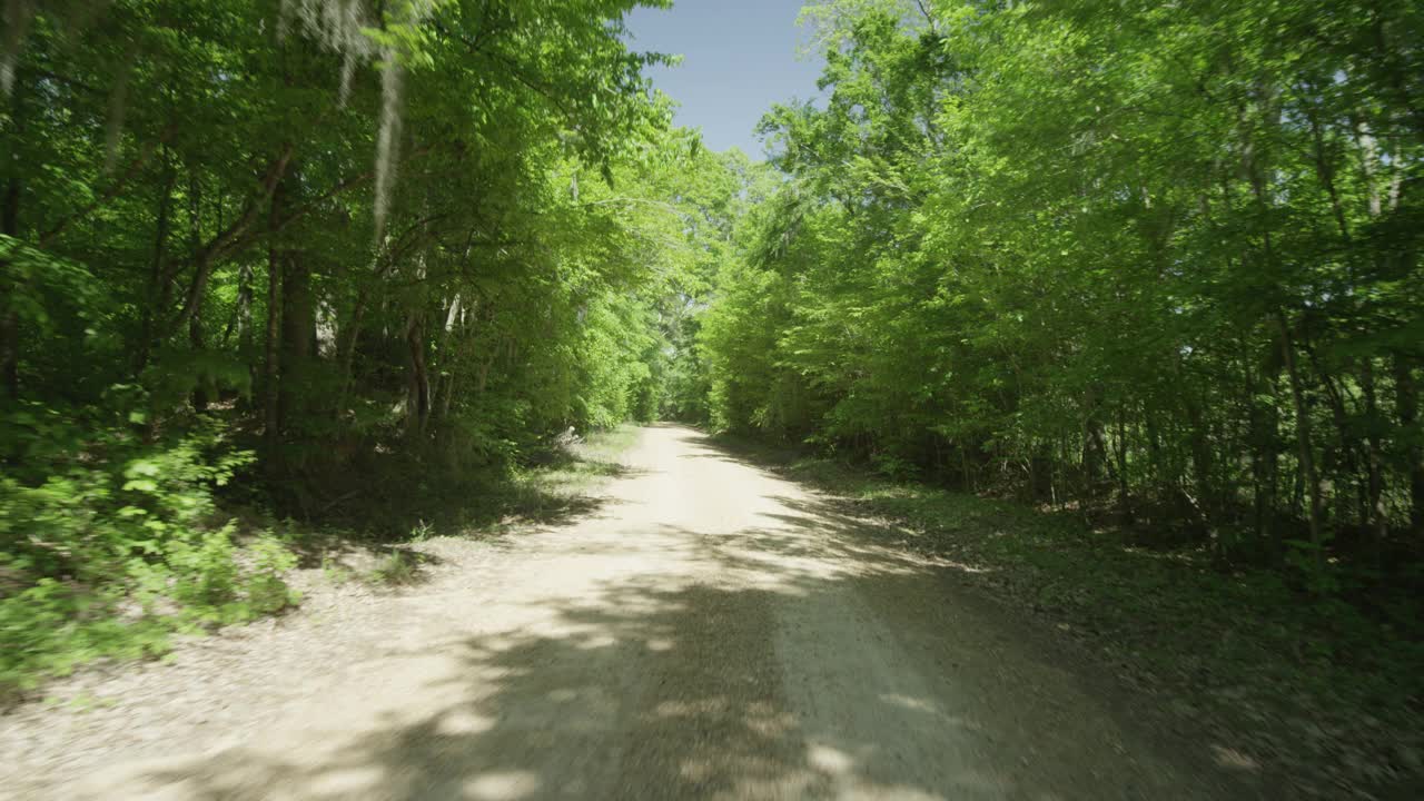 处理板直后方的驾驶在一条双车道的乡村道路上，土路被树木环绕。汽车驶过一座小桥视频下载