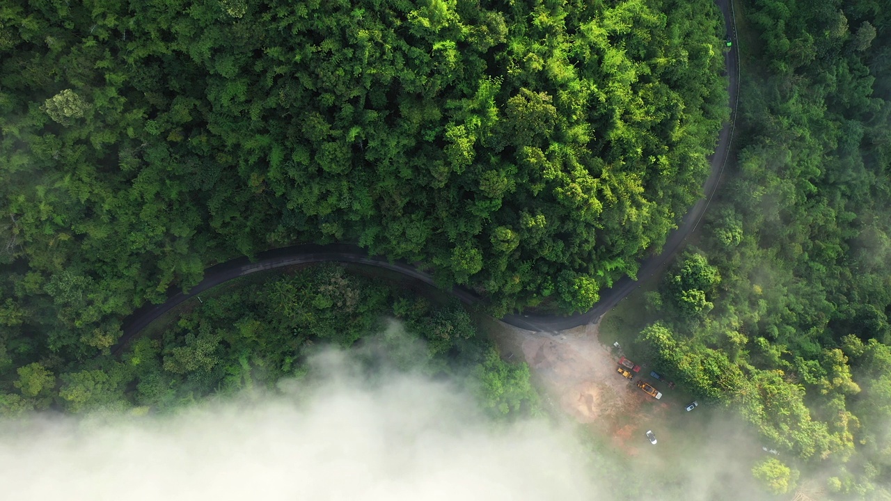 公路旅行,
汽车行驶在蜿蜒的道路通过绿色森林与雾的Arial视图。视频素材