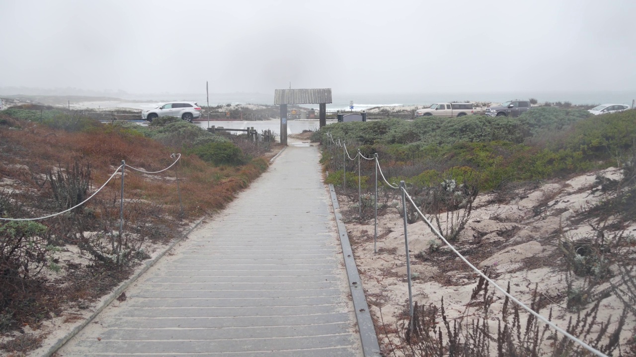 海洋沙滩沙丘，加州迷雾海岸。多雾多雨的天气，寒冷的大海。视频素材