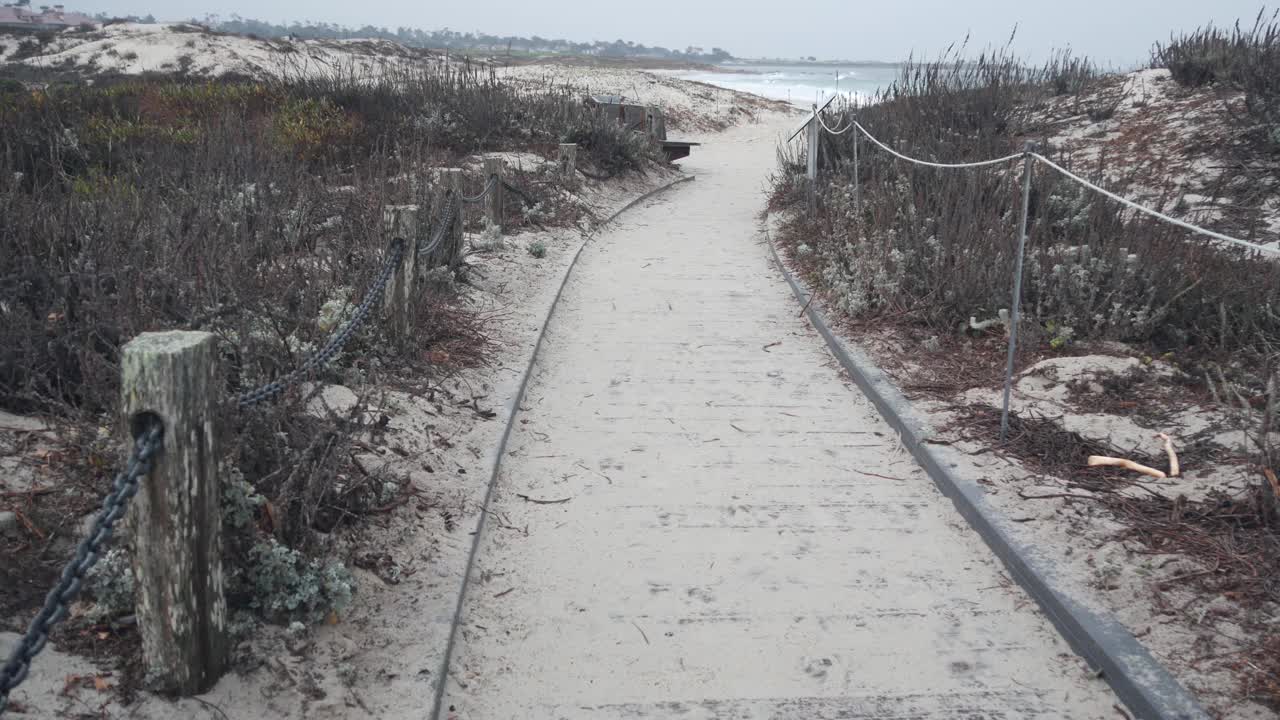 海洋沙滩沙丘，加州迷雾海岸。多雾多雨的天气，寒冷的大海。视频素材