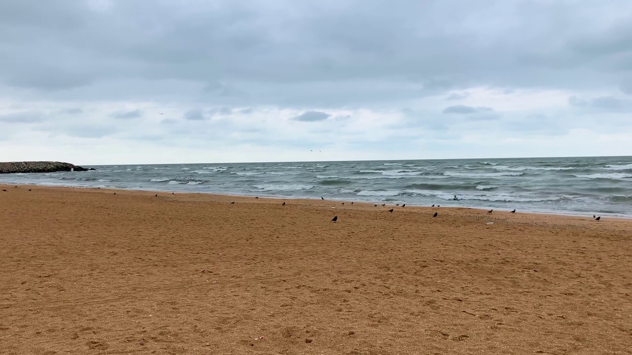 在阴天，海浪在沙滩上翻滚。视频素材