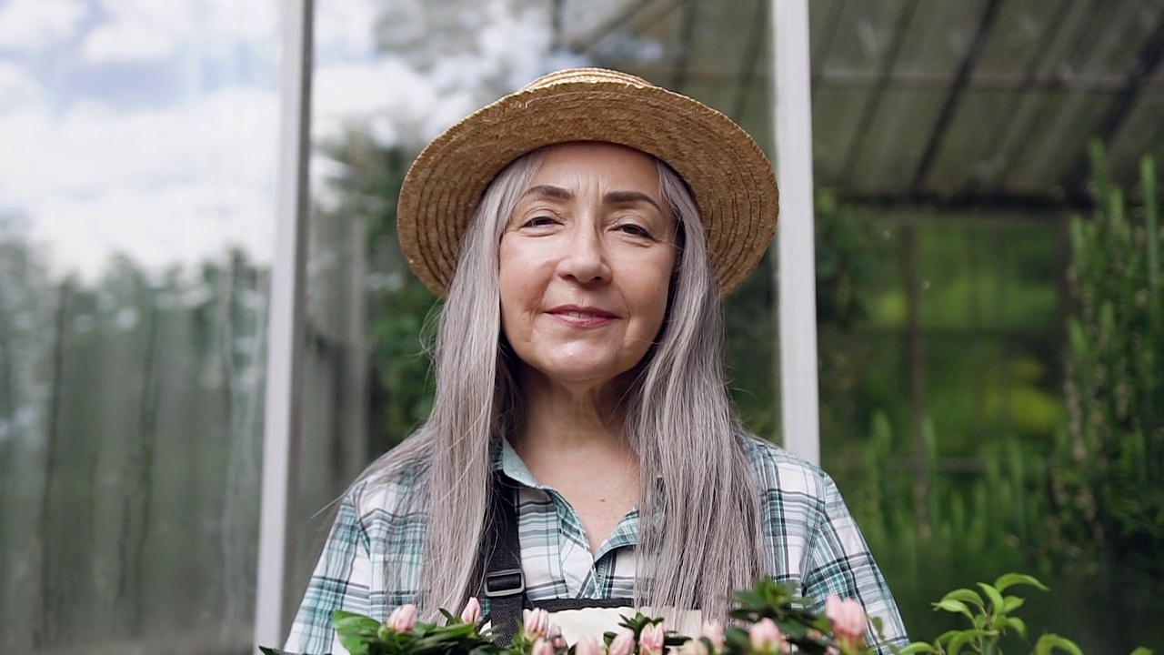 近距离的愉快的快乐友好的妇女退休老人，戴着帽子，摆姿势在相机与盒子与花盆户外附近的温室视频素材