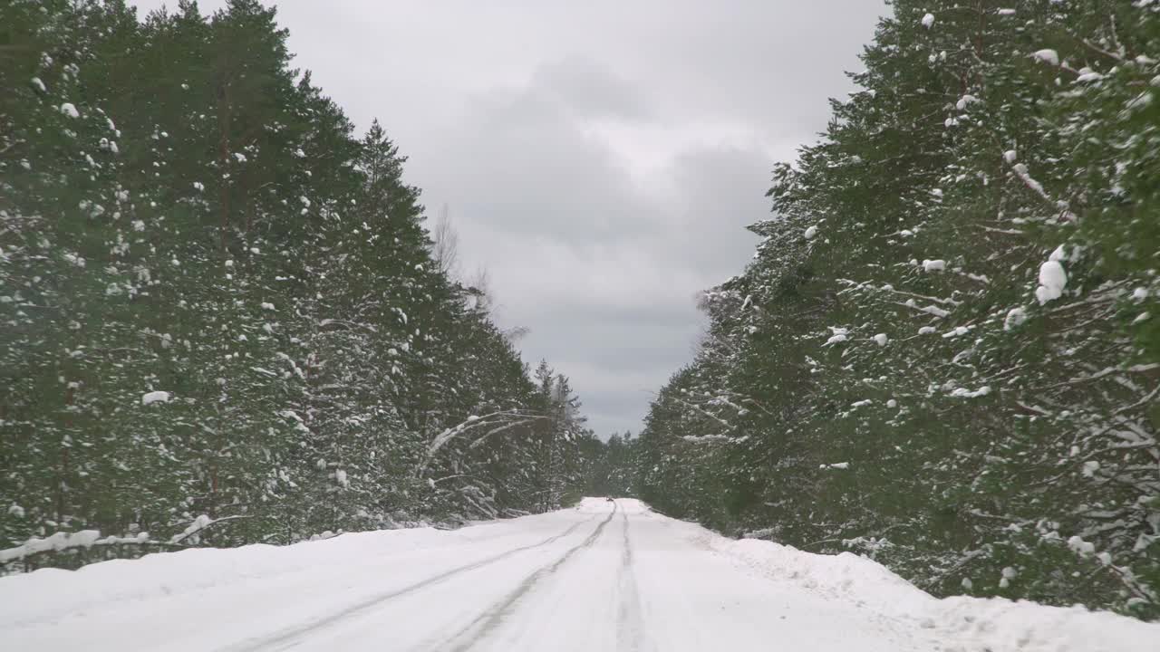 在森林里被雪覆盖的湿滑道路上小心驾驶。冬天在空旷的道路上行驶的汽车。视频素材