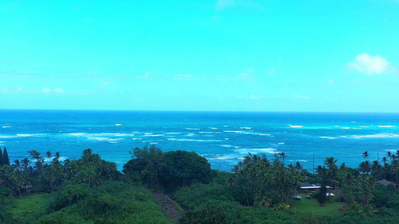 空中向前拍摄的绿色植物和树木对着蓝色的大海与海浪和地平线-瓦胡岛，夏威夷视频素材