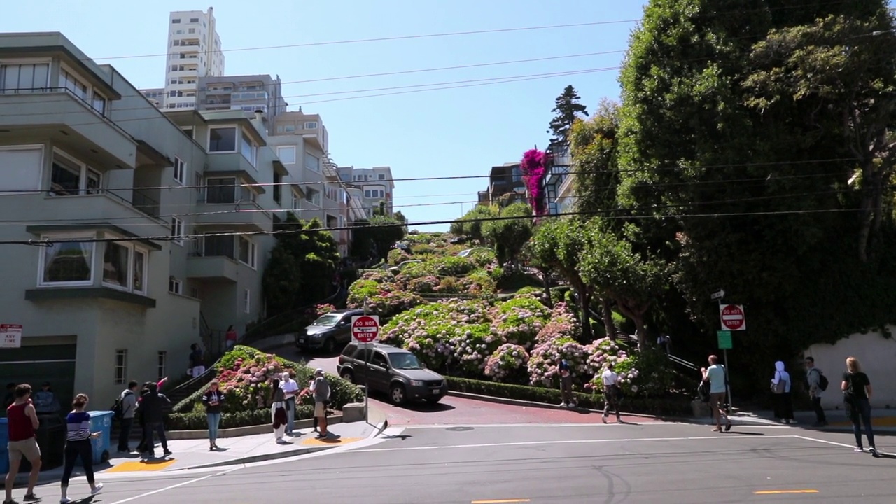 在阳光明媚的日子里，汽车在树木和建筑物之间的曲折道路上移动的慢动作镜头——加利福尼亚州旧金山视频素材