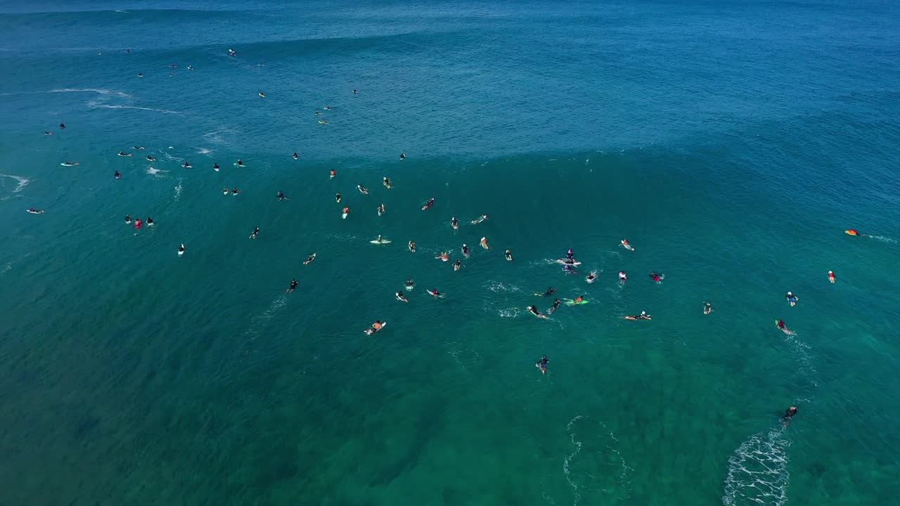 空中平移拍摄的游客在海洋中冲浪，无人机在阳光明媚的日子里向后飞行-夏威夷威基基视频素材