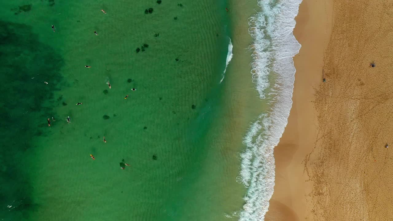 空中向上拍摄的朋友们在海滩上游泳的海岸线，无人机在阳光明媚的日子里向上飞行——夏威夷瓦胡岛视频素材