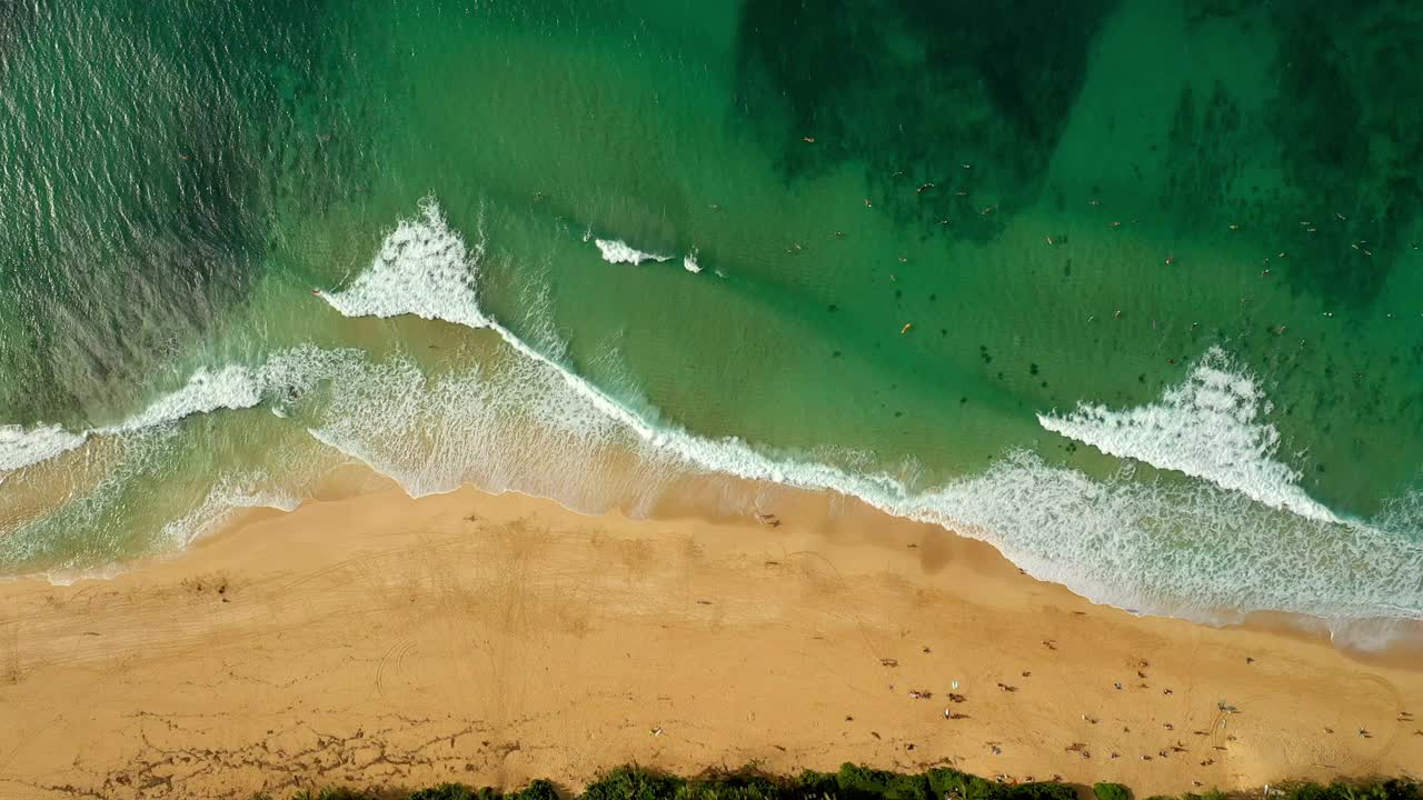 在阳光明媚的日子里，夏威夷瓦胡岛，游客在海滩上的绿松石海海岸线冲浪的航拍顶部锁定镜头视频素材