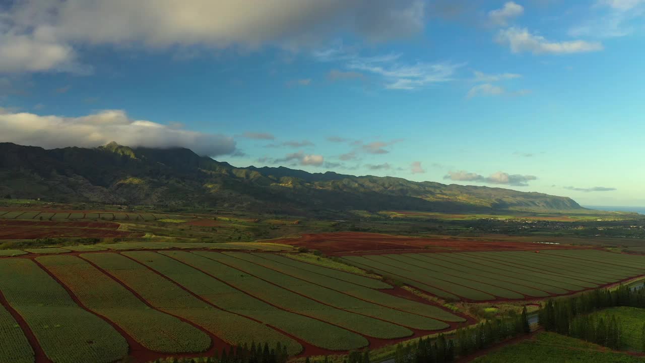 空中向后美丽的绿色农业景观在多云的天空下的山-瓦胡岛，夏威夷视频素材