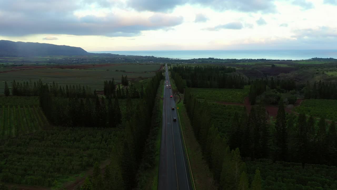 航拍车辆在绿色景观中的道路上移动，日落时无人机在云层下向前飞行-夏威夷瓦胡岛视频素材