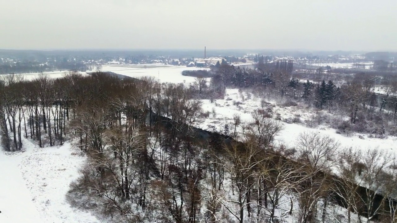 航拍吉泽拉河冬季积雪覆盖树木视频素材