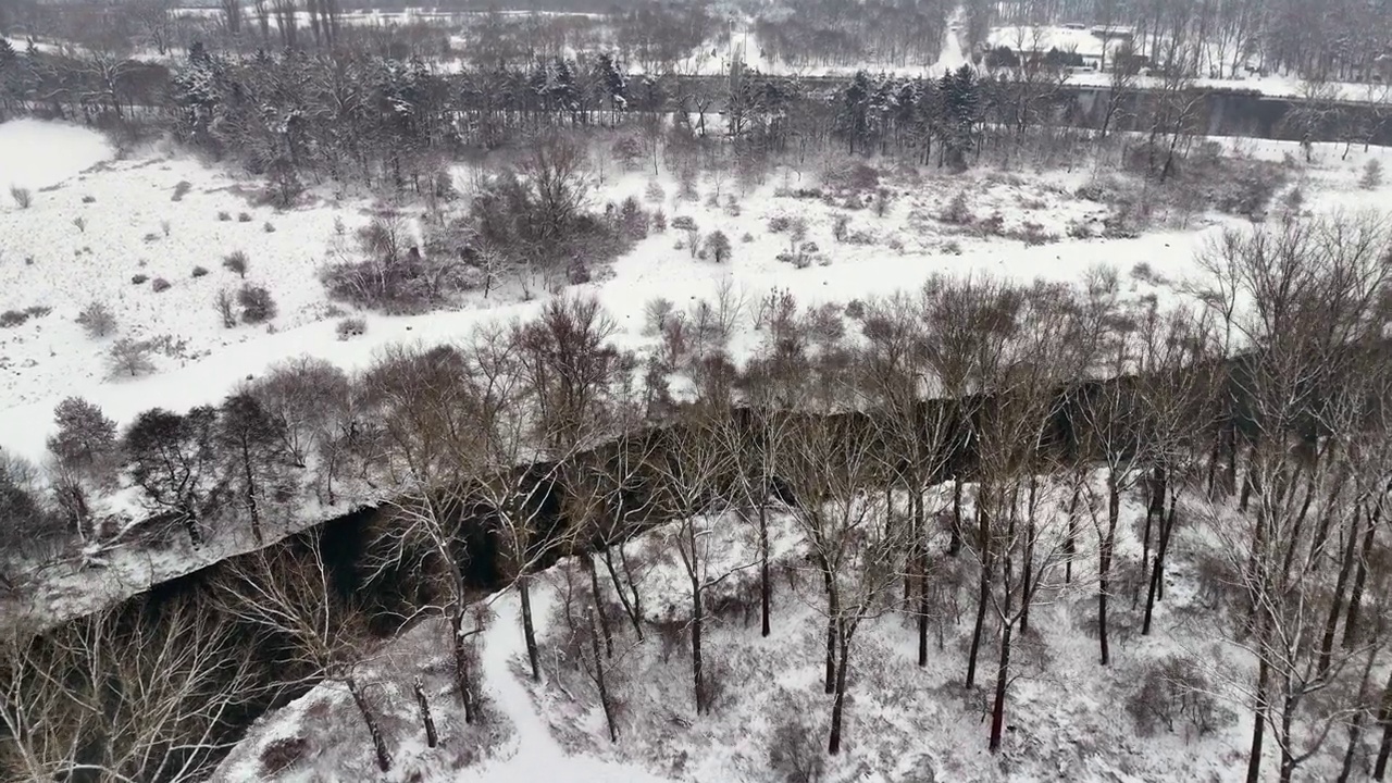 空中拍摄吉泽拉河冬季积雪覆盖树木易北河的背景动态视频下载