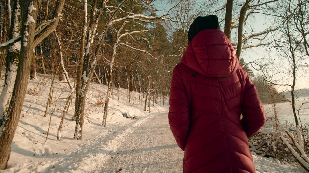 日落时分，女人走在冰雪覆盖的森林里视频素材