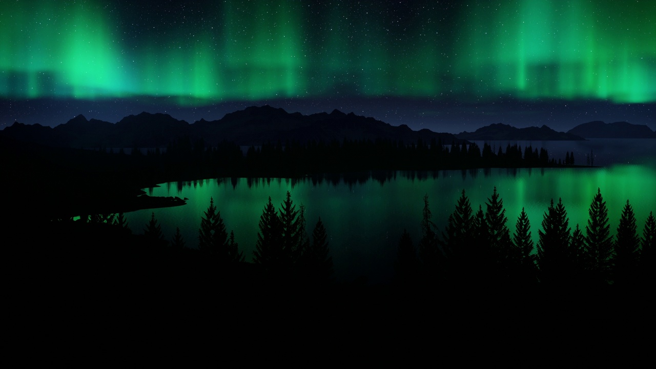 Northern light, aurora borealis, reflecting in ice on a frozen lake, with spruce trees around the lake, Gällivare, Swedish Lapland视频素材