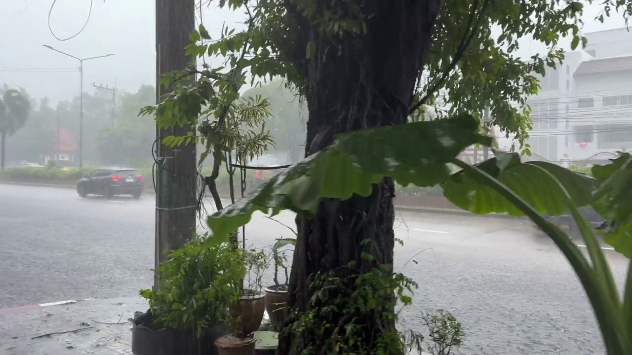 洪水过后，雨水正顺着马路的排水管流下去视频素材