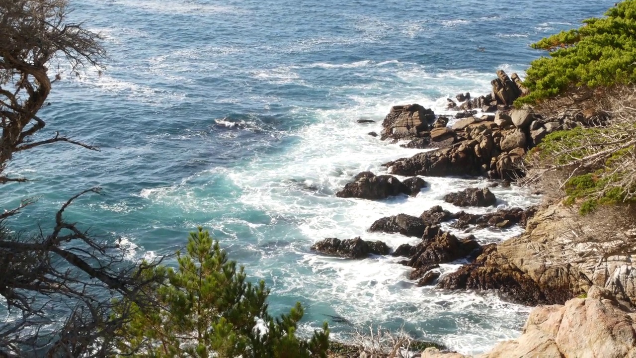 岩石海岸，海浪，柏松树，17英里车程，蒙特利，加利福尼亚视频素材